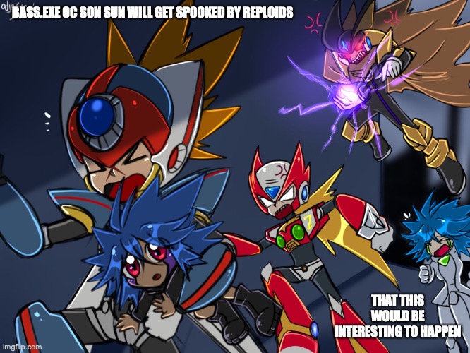 Axl Holding Bass.EXE's Son Sun | BASS.EXE OC SON SUN WILL GET SPOOKED BY REPLOIDS; THAT THIS WOULD BE INTERESTING TO HAPPEN | image tagged in megaman,megaman x,megaman battle network,memes | made w/ Imgflip meme maker