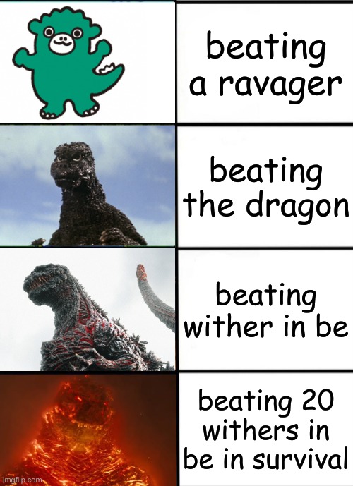 Strength of Godzilla 4-panel | beating a ravager beating the dragon beating wither in be beating 20 withers in be in survival | image tagged in strength of godzilla 4-panel | made w/ Imgflip meme maker