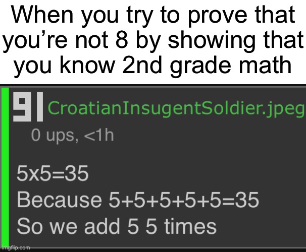 When you try to prove that
you’re not 8 by showing that
you know 2nd grade math | made w/ Imgflip meme maker