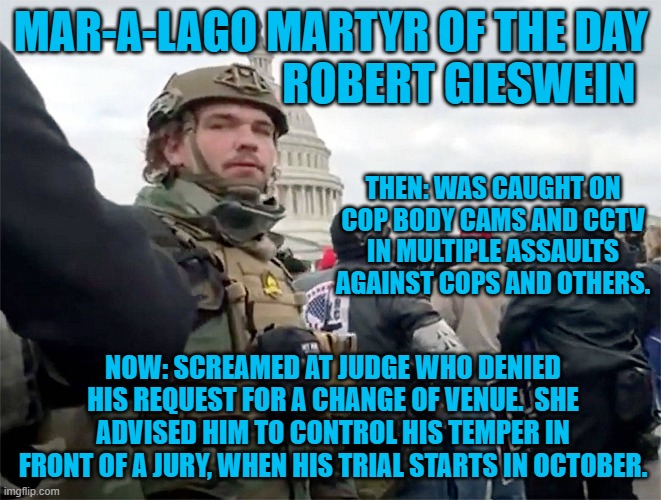 Just the reminder of GOP extremism we need to be fresh in voters' minds. | MAR-A-LAGO MARTYR OF THE DAY
                             ROBERT GIESWEIN; THEN: WAS CAUGHT ON COP BODY CAMS AND CCTV IN MULTIPLE ASSAULTS AGAINST COPS AND OTHERS. NOW: SCREAMED AT JUDGE WHO DENIED HIS REQUEST FOR A CHANGE OF VENUE.  SHE ADVISED HIM TO CONTROL HIS TEMPER IN FRONT OF A JURY, WHEN HIS TRIAL STARTS IN OCTOBER. | image tagged in politics | made w/ Imgflip meme maker