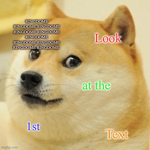 1st Text Problem | RINGDOME RINGDOME RINGDOME RINGDOME RINGDOME RINGDOME RINGDOME RINGDOME RINGDOME RINGDOME; Look; at the; 1st; Text | image tagged in memes,doge,funny,text,ringdome | made w/ Imgflip meme maker