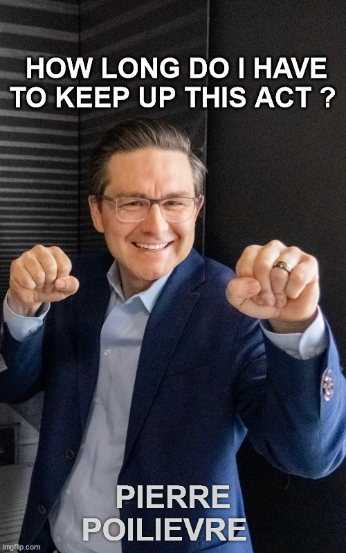 Pierre Poilievre | HOW LONG DO I HAVE TO KEEP UP THIS ACT ? PIERRE POILIEVRE | image tagged in pierre poilievre,loser,pc,fake smile,meanwhile in canada | made w/ Imgflip meme maker