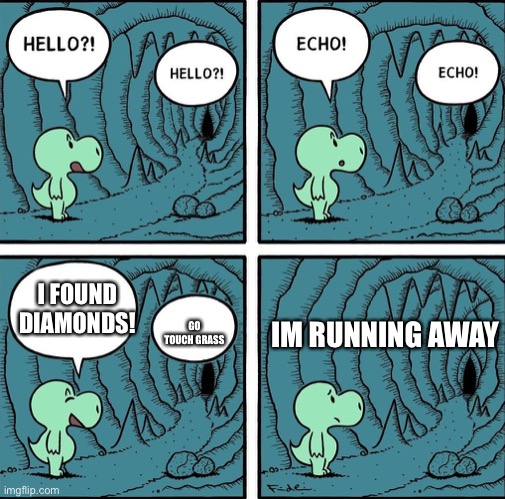 echo | I FOUND DIAMONDS! GO TOUCH GRASS; IM RUNNING AWAY | image tagged in echo,meme,memes,funny,hilarious,upvote | made w/ Imgflip meme maker