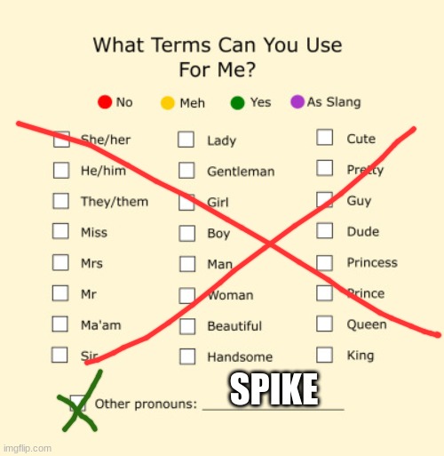 become cring any% | SPIKE | image tagged in pronouns sheet | made w/ Imgflip meme maker