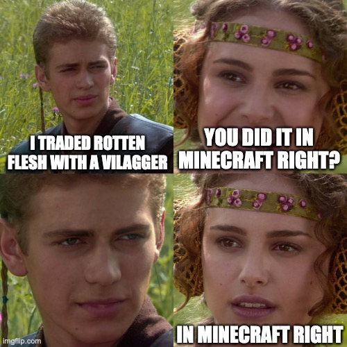 rotten flesh trades! | I TRADED ROTTEN FLESH WITH A VILAGGER; YOU DID IT IN MINECRAFT RIGHT? IN MINECRAFT RIGHT | image tagged in anakin padme 4 panel,funny,memes,fun | made w/ Imgflip meme maker