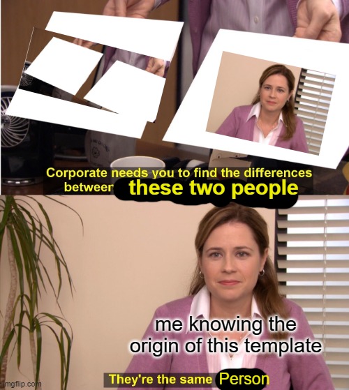 It's weird how this template is used versus the scene from The Office | these two people; me knowing the origin of this template; Person | image tagged in memes,they're the same picture,wykyk,the office,templates,popular templates | made w/ Imgflip meme maker