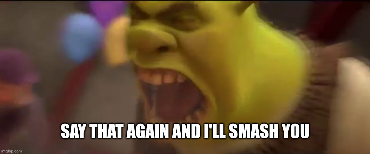 Shrek screaming | SAY THAT AGAIN AND I'LL SMASH YOU | image tagged in shrek screaming | made w/ Imgflip meme maker