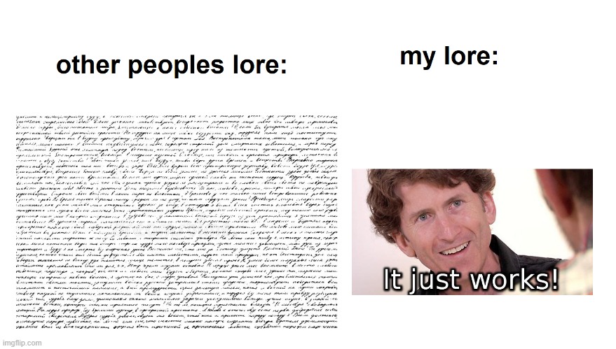 Lore writing does be like that | image tagged in lore,story,custom,todd howard | made w/ Imgflip meme maker