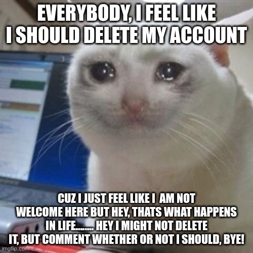 i don´t know. | EVERYBODY, I FEEL LIKE I SHOULD DELETE MY ACCOUNT; CUZ I JUST FEEL LIKE I  AM NOT WELCOME HERE BUT HEY, THATS WHAT HAPPENS IN LIFE........ HEY I MIGHT NOT DELETE IT, BUT COMMENT WHETHER OR NOT I SHOULD, BYE! | image tagged in crying cat | made w/ Imgflip meme maker