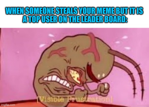 b | WHEN SOMEONE STEALS YOUR MEME BUT IT IS 
A TOP USER ON THE LEADER BOARD: | image tagged in visible frustration,mudkip,help me,suicide | made w/ Imgflip meme maker