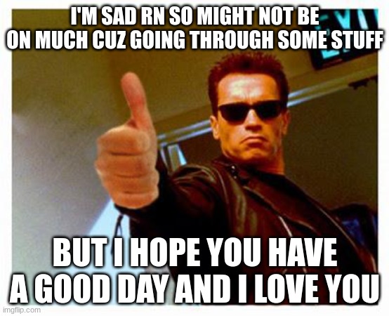 Basically, I'm going on meme hiatus. | I'M SAD RN SO MIGHT NOT BE ON MUCH CUZ GOING THROUGH SOME STUFF; BUT I HOPE YOU HAVE A GOOD DAY AND I LOVE YOU | image tagged in terminator thumbs up,sad,stressed,i'll return | made w/ Imgflip meme maker