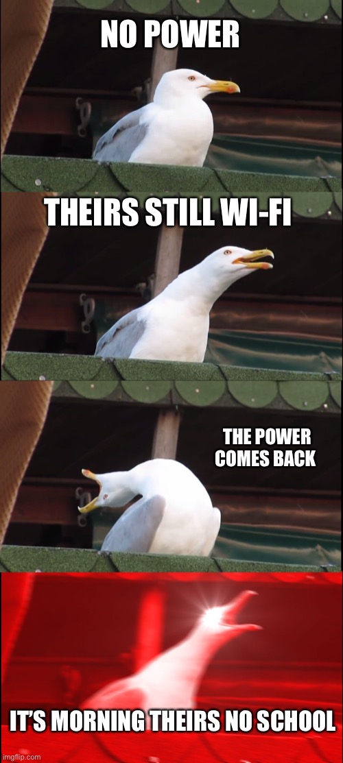 Inhaling Seagull Meme | NO POWER; THEIRS STILL WI-FI; THE POWER COMES BACK; IT’S MORNING THEIRS NO SCHOOL | image tagged in memes,inhaling seagull | made w/ Imgflip meme maker