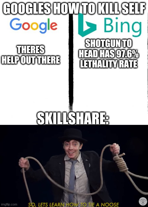 GOOGLES HOW TO KILL SELF; THERES HELP OUT THERE; SHOTGUN TO HEAD HAS 97.6% LETHALITY RATE; SKILLSHARE: | image tagged in google v bing,lets learn how to tie a noose | made w/ Imgflip meme maker