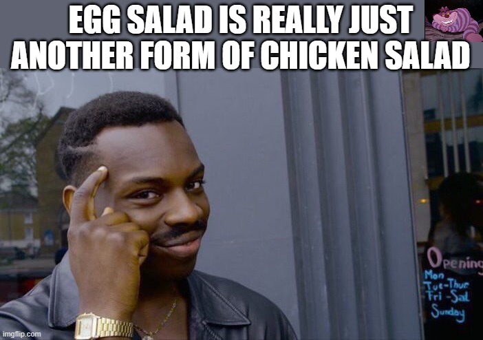 He's right you know. | EGG SALAD IS REALLY JUST ANOTHER FORM OF CHICKEN SALAD | image tagged in memes,roll safe think about it | made w/ Imgflip meme maker