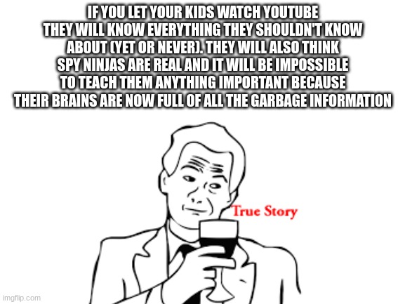 How can people be so blind to the world that is the internet? | IF YOU LET YOUR KIDS WATCH YOUTUBE THEY WILL KNOW EVERYTHING THEY SHOULDN'T KNOW ABOUT (YET OR NEVER). THEY WILL ALSO THINK SPY NINJAS ARE REAL AND IT WILL BE IMPOSSIBLE TO TEACH THEM ANYTHING IMPORTANT BECAUSE THEIR BRAINS ARE NOW FULL OF ALL THE GARBAGE INFORMATION | image tagged in true story | made w/ Imgflip meme maker