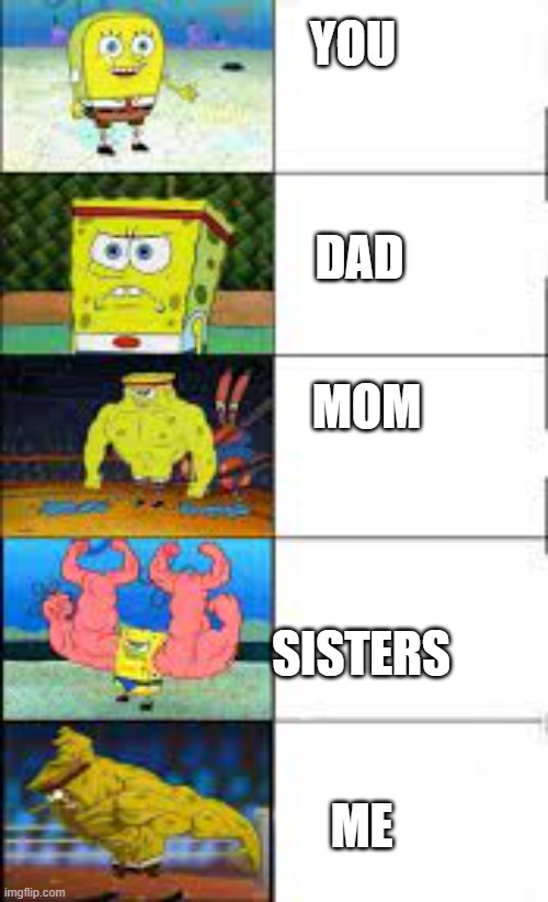 Bob | YOU; DAD; MOM; SISTERS; ME | image tagged in mocking spongebob | made w/ Imgflip meme maker