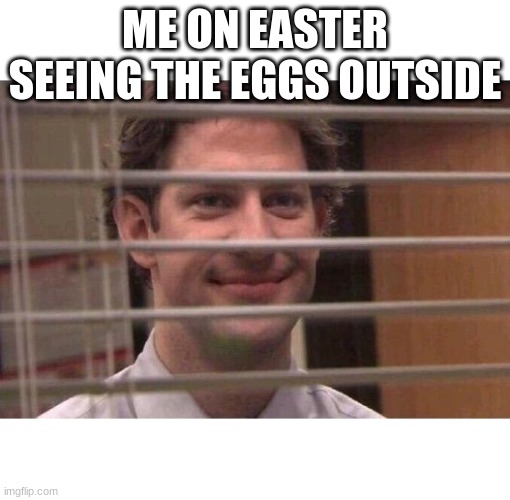 me on easter | ME ON EASTER SEEING THE EGGS OUTSIDE | image tagged in jim office blinds | made w/ Imgflip meme maker