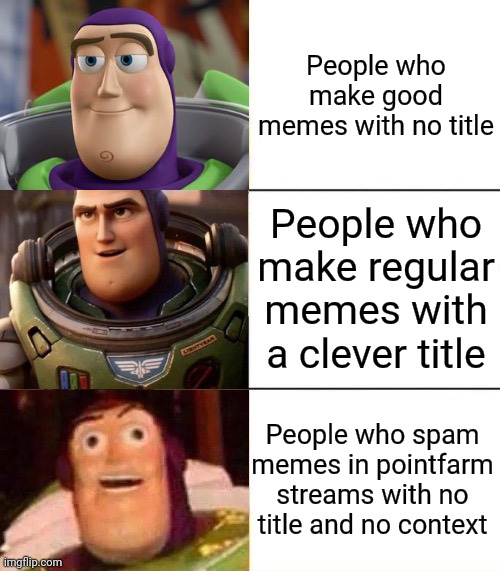 Better, best, blurst lightyear edition | People who make good memes with no title; People who make regular memes with a clever title; People who spam memes in pointfarm streams with no title and no context | image tagged in better best blurst lightyear edition | made w/ Imgflip meme maker