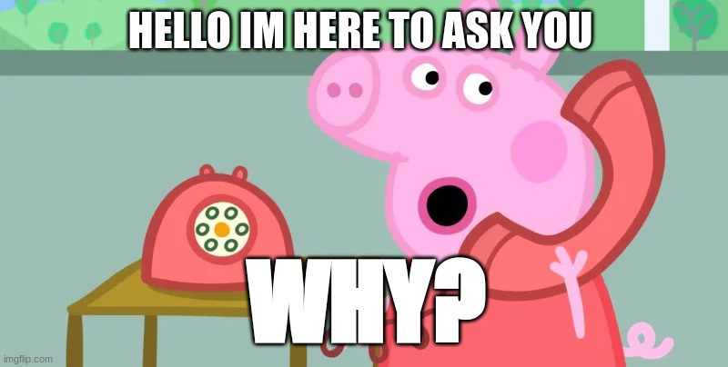 Peppa pig calls the ghostbusters | HELLO IM HERE TO ASK YOU WHY? | image tagged in peppa pig calls the ghostbusters | made w/ Imgflip meme maker