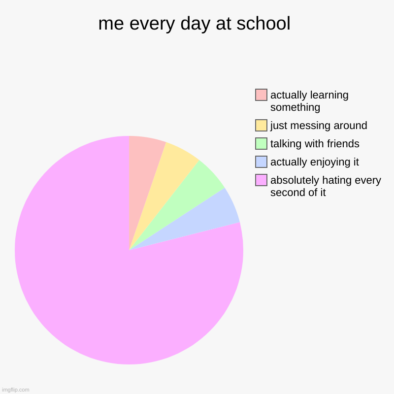 me every day at school | me every day at school | absolutely hating every second of it, actually enjoying it, talking with friends, just messing around, actually lea | image tagged in charts,pie charts,school | made w/ Imgflip chart maker