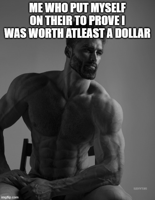 Giga Chad | ME WHO PUT MYSELF ON THEIR TO PROVE I WAS WORTH ATLEAST A DOLLAR | image tagged in giga chad | made w/ Imgflip meme maker