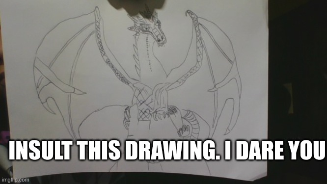 you won't (mod note: Nice drawing) | INSULT THIS DRAWING. I DARE YOU | image tagged in dragon | made w/ Imgflip meme maker