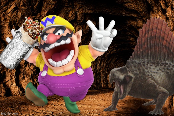 Wario dies by a Dimetrodon in a cave while eating Chipotle.mp3 | image tagged in wario dies,wario,jurassic park,jurassic world,animals,chipotle | made w/ Imgflip meme maker