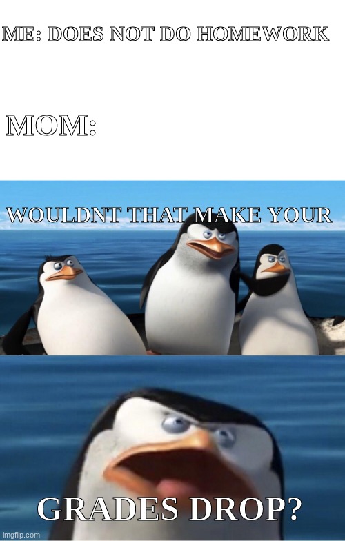 Wouldn't that make you | ME: DOES NOT DO HOMEWORK; MOM:; WOULDNT THAT MAKE YOUR; GRADES DROP? | image tagged in wouldn't that make you | made w/ Imgflip meme maker
