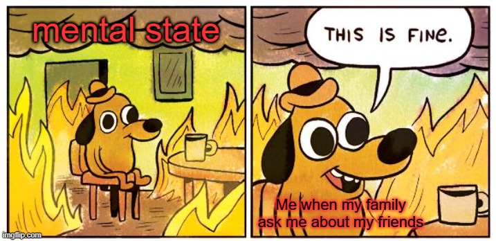 This Is Fine | mental state; Me when my family ask me about my friends | image tagged in memes,this is fine | made w/ Imgflip meme maker