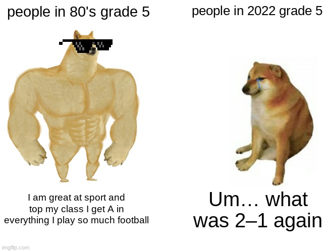 Buff Doge vs. Cheems | people in 80's grade 5; people in 2022 grade 5; I am great at sport and top my class I get A in everything I play so much football; Um… what was 2–1 again | image tagged in memes,buff doge vs cheems | made w/ Imgflip meme maker