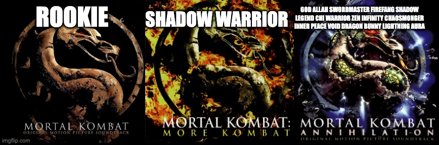Mortal Ninja Legends | GOD ALLAH SWORDMASTER FIREFANG SHADOW LEGEND CHI WARRIOR ZEN INFINITY CHAOSMONGER INNER PEACE VOID DRAGON BUNNY LIGHTNING AURA; ROOKIE; SHADOW WARRIOR | image tagged in roblox meme,mortal kombat | made w/ Imgflip meme maker