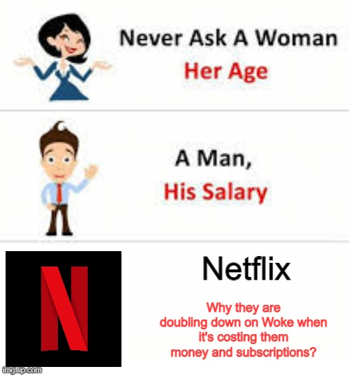 Never ask a woman her age | Netflix; Why they are doubling down on Woke when it's costing them money and subscriptions? | image tagged in never ask a woman her age | made w/ Imgflip meme maker