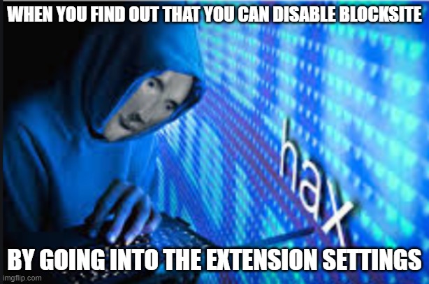 Hax | WHEN YOU FIND OUT THAT YOU CAN DISABLE BLOCKSITE; BY GOING INTO THE EXTENSION SETTINGS | image tagged in hax,memes,funny,meme,funny memes,funny meme | made w/ Imgflip meme maker
