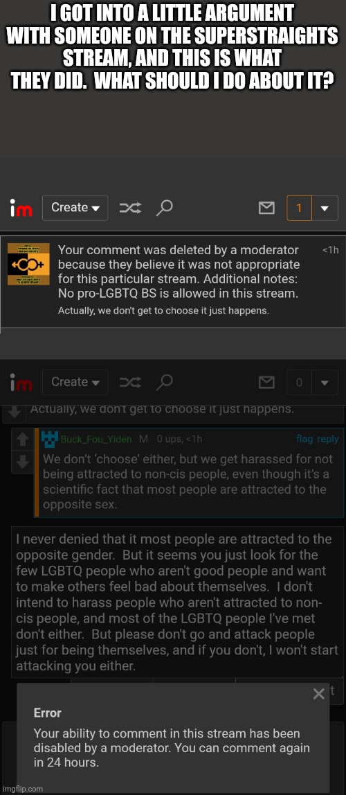 I know it's not exactly ranting, but... | I GOT INTO A LITTLE ARGUMENT WITH SOMEONE ON THE SUPERSTRAIGHTS STREAM, AND THIS IS WHAT THEY DID.  WHAT SHOULD I DO ABOUT IT? | made w/ Imgflip meme maker