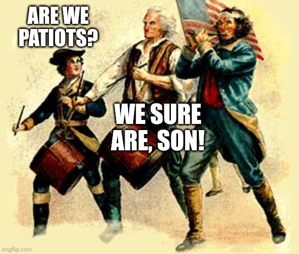 Real Patriots Marching | ARE WE PATIOTS? WE SURE ARE, SON! | image tagged in real patriots marching | made w/ Imgflip meme maker