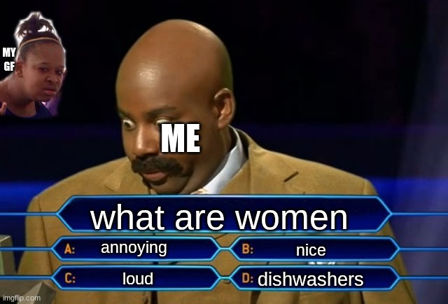 women | MY GF; ME; what are women; annoying; nice; dishwashers; loud | image tagged in who wants to be a millionaire | made w/ Imgflip meme maker