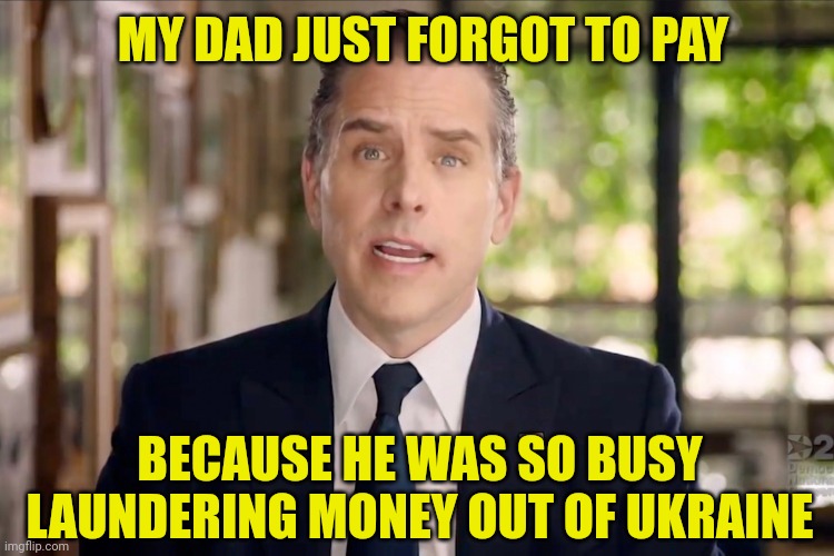 Hunter Biden | MY DAD JUST FORGOT TO PAY BECAUSE HE WAS SO BUSY LAUNDERING MONEY OUT OF UKRAINE | image tagged in hunter biden | made w/ Imgflip meme maker