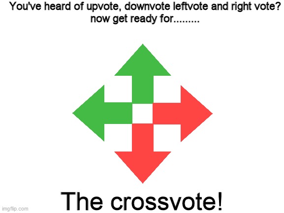 The CrossVote! | You've heard of upvote, downvote leftvote and right vote?
now get ready for......... The crossvote! | image tagged in blank white template,memes,upvote,downvote | made w/ Imgflip meme maker