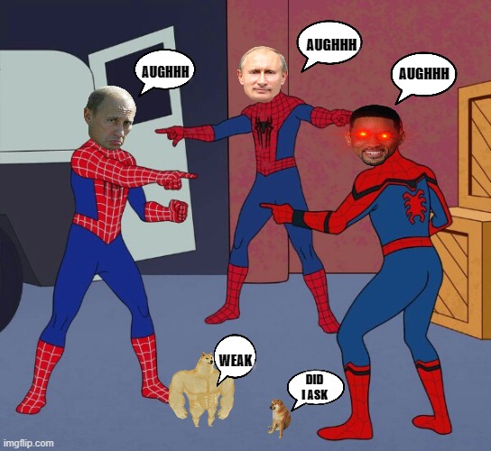 The wtf  is going on meme | AUGHHH; AUGHHH; AUGHHH; WEAK; DID I ASK | image tagged in spider man triple | made w/ Imgflip meme maker