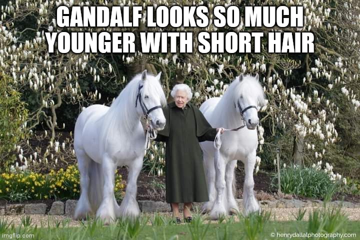 Queen Gandalf |  GANDALF LOOKS SO MUCH YOUNGER WITH SHORT HAIR | image tagged in queen elizabeth,gandalf | made w/ Imgflip meme maker