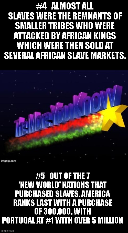 Random facts about slavery pt 3 | #4   ALMOST ALL SLAVES WERE THE REMNANTS OF SMALLER TRIBES WHO WERE ATTACKED BY AFRICAN KINGS WHICH WERE THEN SOLD AT SEVERAL AFRICAN SLAVE MARKETS. #5   OUT OF THE 7 'NEW WORLD' NATIONS THAT PURCHASED SLAVES, AMERICA RANKS LAST WITH A PURCHASE OF 300,000, WITH PORTUGAL AT #1 WITH OVER 5 MILLION | image tagged in the more you know | made w/ Imgflip meme maker