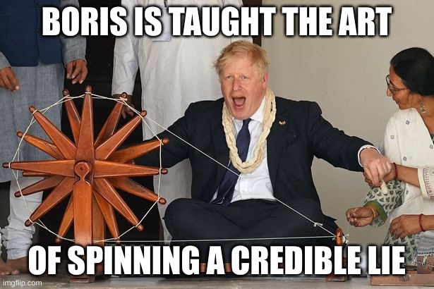 Boris spinning wheel | BORIS IS TAUGHT THE ART; OF SPINNING A CREDIBLE LIE | image tagged in boris johnson,liar,spinning | made w/ Imgflip meme maker