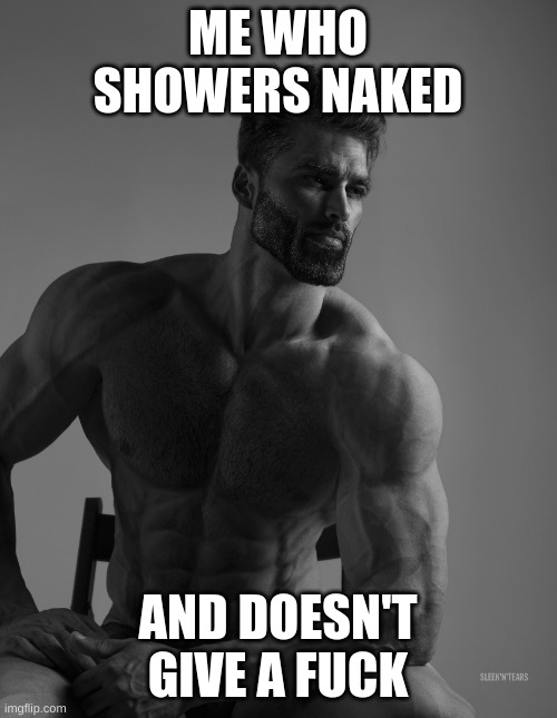 Giga Chad | ME WHO SHOWERS NAKED AND DOESN'T GIVE A FUCK | image tagged in giga chad | made w/ Imgflip meme maker