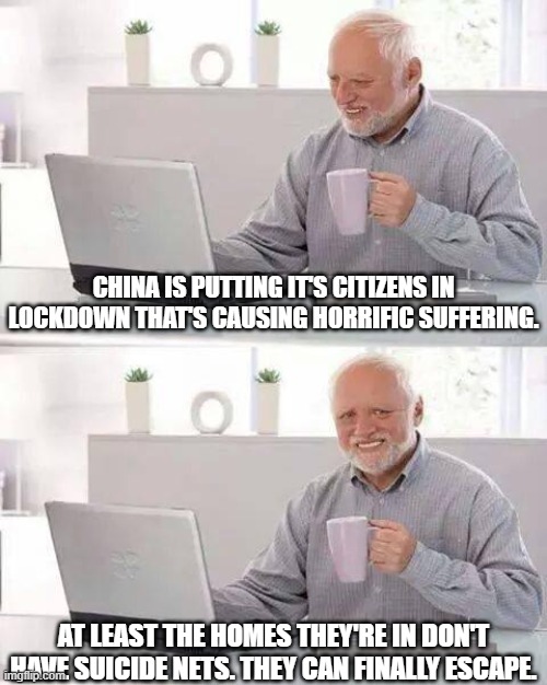 SUICIDE NETS. | CHINA IS PUTTING IT'S CITIZENS IN LOCKDOWN THAT'S CAUSING HORRIFIC SUFFERING. AT LEAST THE HOMES THEY'RE IN DON'T HAVE SUICIDE NETS. THEY CAN FINALLY ESCAPE. | image tagged in memes,hide the pain harold | made w/ Imgflip meme maker