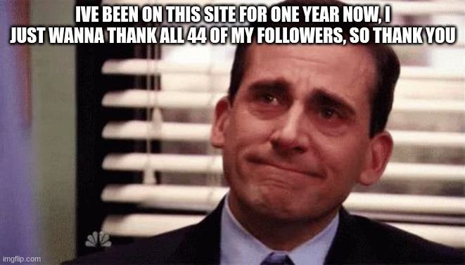 thank you! | IVE BEEN ON THIS SITE FOR ONE YEAR NOW, I JUST WANNA THANK ALL 44 OF MY FOLLOWERS, SO THANK YOU | image tagged in happy cry | made w/ Imgflip meme maker