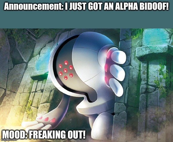 I named her Alpha Doof. | Announcement: I JUST GOT AN ALPHA BIDOOF! MOOD: FREAKING OUT! | image tagged in registeel door | made w/ Imgflip meme maker