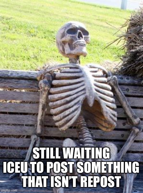Waiting Skeleton | STILL WAITING ICEU TO POST SOMETHING THAT ISN’T REPOST | image tagged in memes,waiting skeleton | made w/ Imgflip meme maker