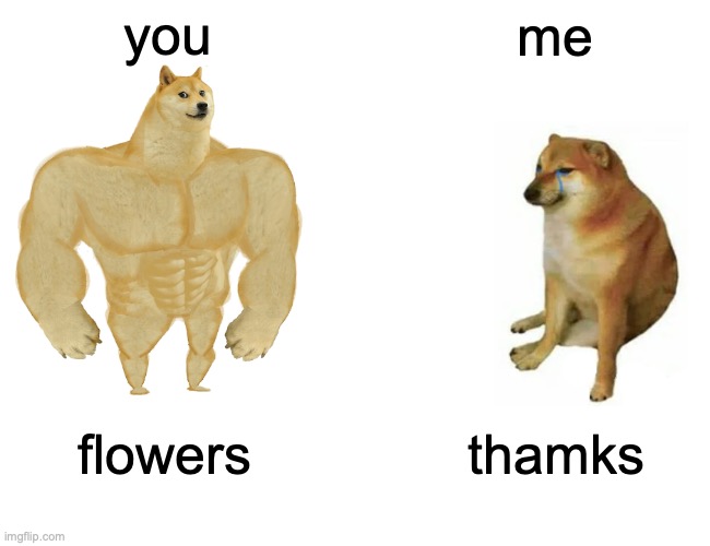 Buff Doge vs. Cheems Meme | you me flowers thamks | image tagged in memes,buff doge vs cheems | made w/ Imgflip meme maker