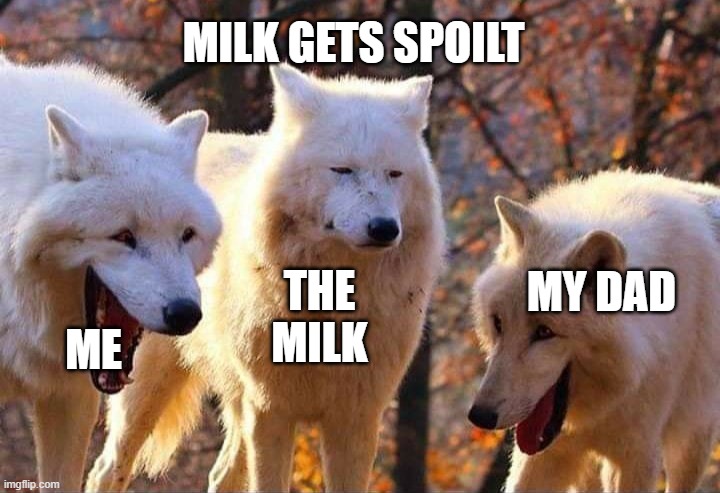 Laughing wolf | MILK GETS SPOILT; THE MILK; MY DAD; ME | image tagged in laughing wolf | made w/ Imgflip meme maker