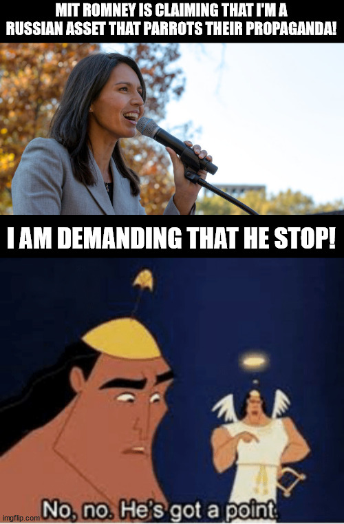 MIT ROMNEY IS CLAIMING THAT I'M A RUSSIAN ASSET THAT PARROTS THEIR PROPAGANDA! I AM DEMANDING THAT HE STOP! | image tagged in congresswoman tulsi gabbard,no no he's got a point | made w/ Imgflip meme maker